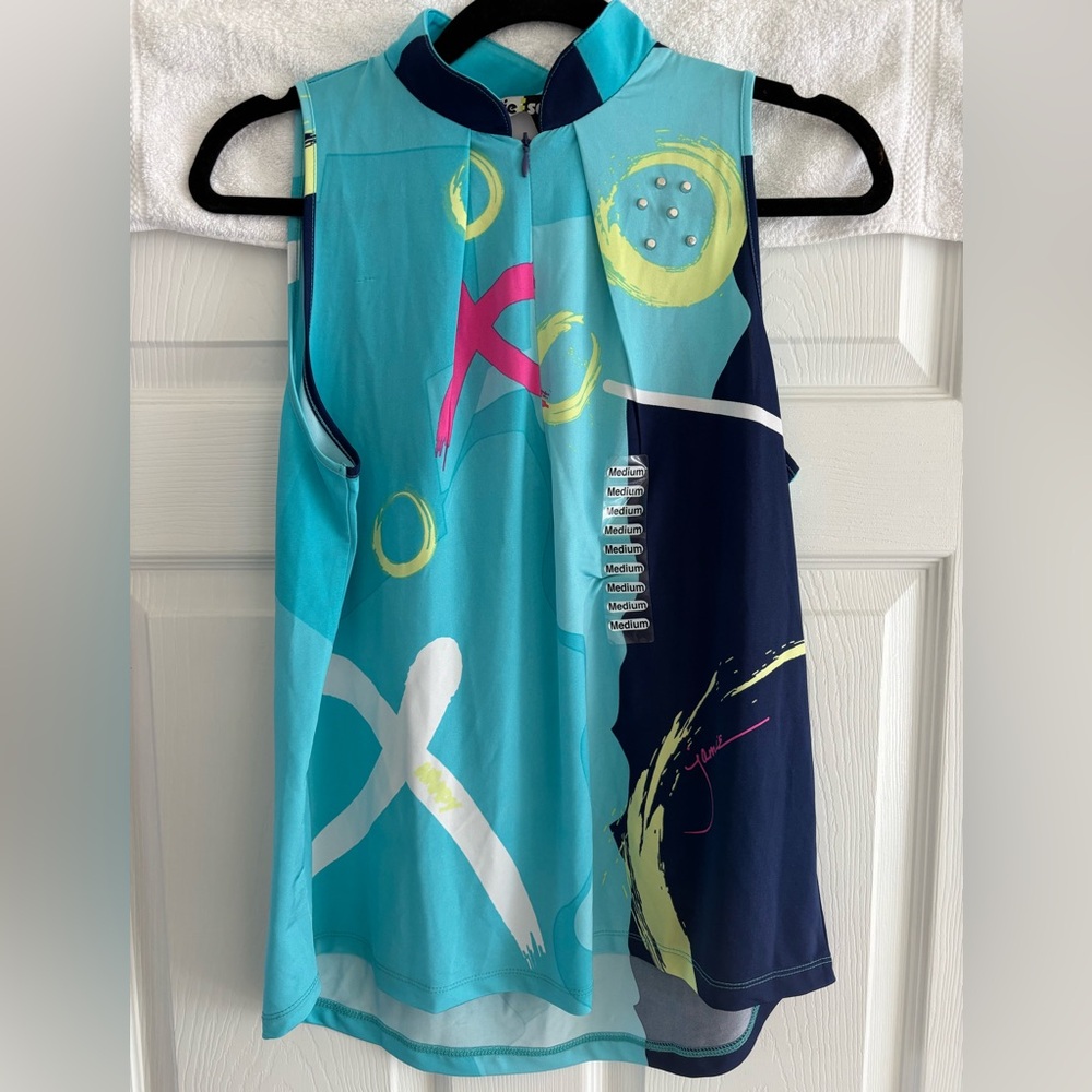NWT Jamie Sadock Blue Multicolor Golf Tank Shirt; 3/4 Zip; Women’s M.